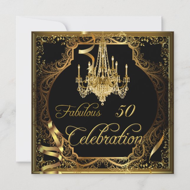 Fabulous 50 Celebration Gold Black Chandelier Invitation (Front)