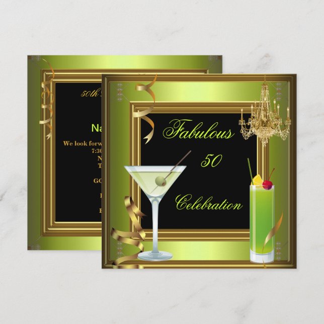 Fabulous 50 Celebration Gold Green Birthday Party Invitation (Front/Back)