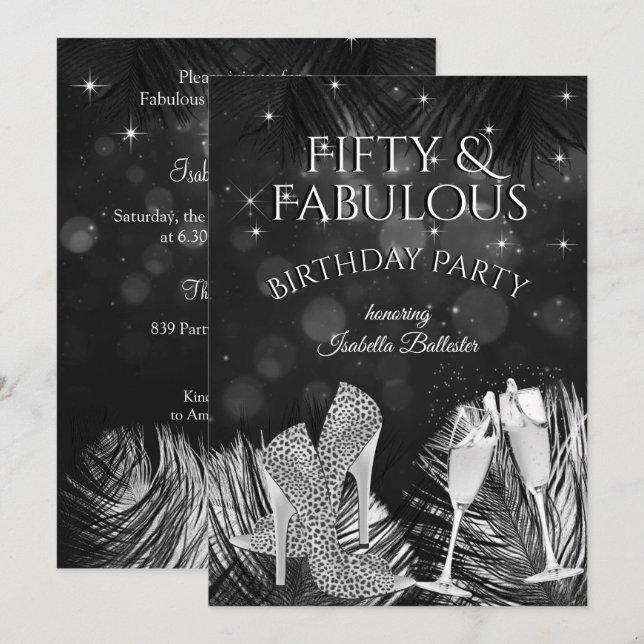 Fabulous 50 Champagne Birthday Party Black White Invitation (Front/Back)
