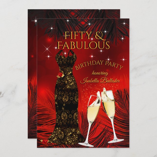 Fabulous 50 Champagne Birthday Party Red Gold Invitation (Front/Back)