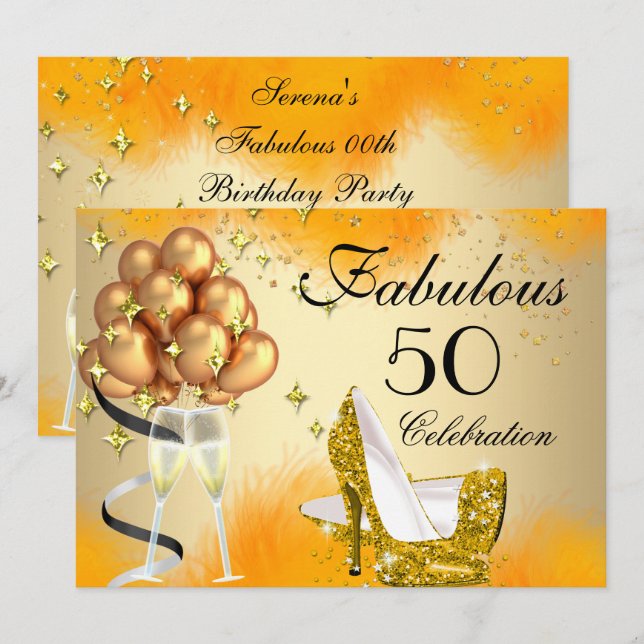 Fabulous 50 Cream Gold Yellow High Heels Birthday Invitation (Front/Back)