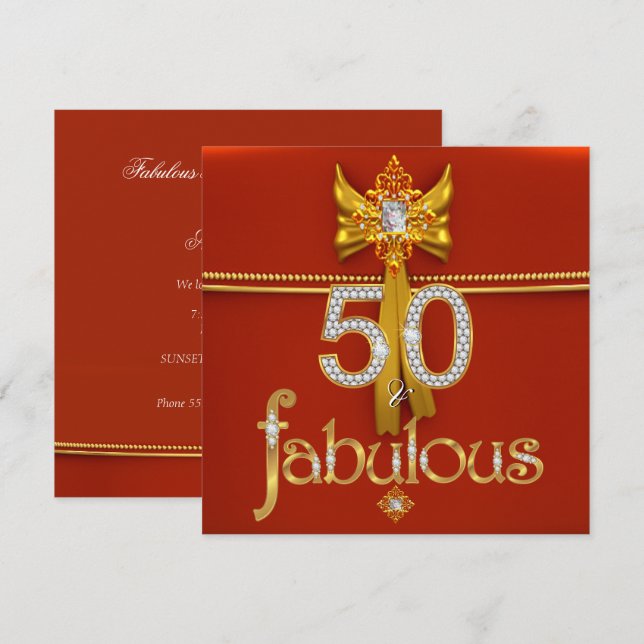 Fabulous 50 Diamond Gold Deep Red Birthday Party Invitation (Front/Back)