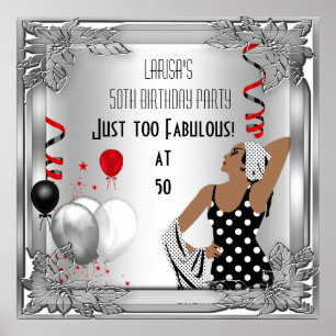 Fabulous 50 Diva Art Deco Birthday Banner Red Poster