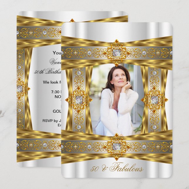 Fabulous 50 Elegant Diamond Gem Gold White Photo Invitation (Front/Back)