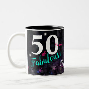 Fabulous 50, elegant sparkling pink, teal, black, Two-Tone coffee mug
