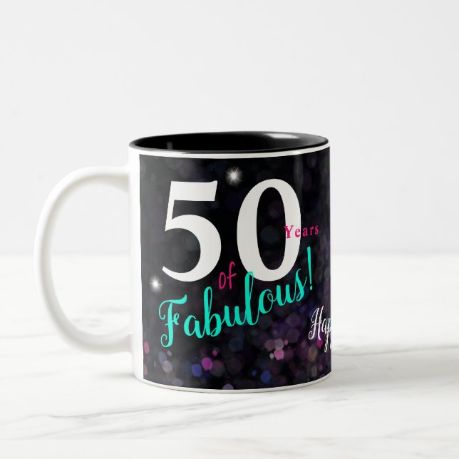 Fabulous 50, elegant sparkling pink, teal, black, Two-Tone coffee mug (Left)