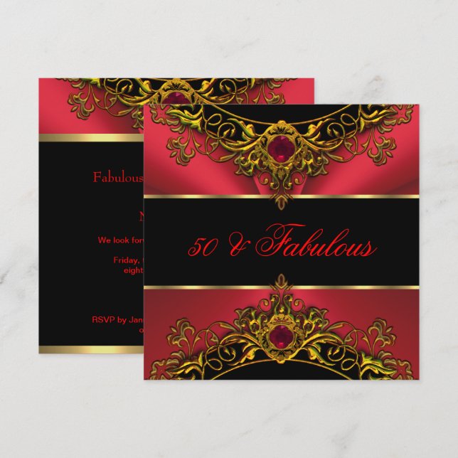 Fabulous 50 Elite Red Black Gold Birthday Invitation (Front/Back)