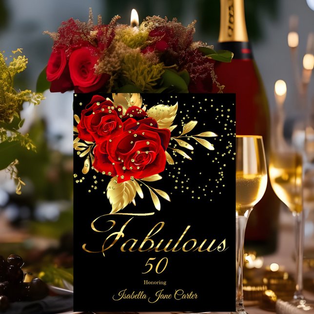 Fabulous 50 Exotic Red Rose Black Floral Gold Invitation (Creator Uploaded)