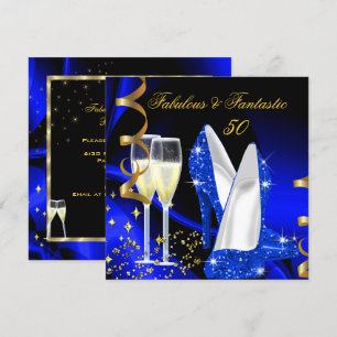 Fabulous 50 Fantastic Abstract Blue Gold Party Invitation