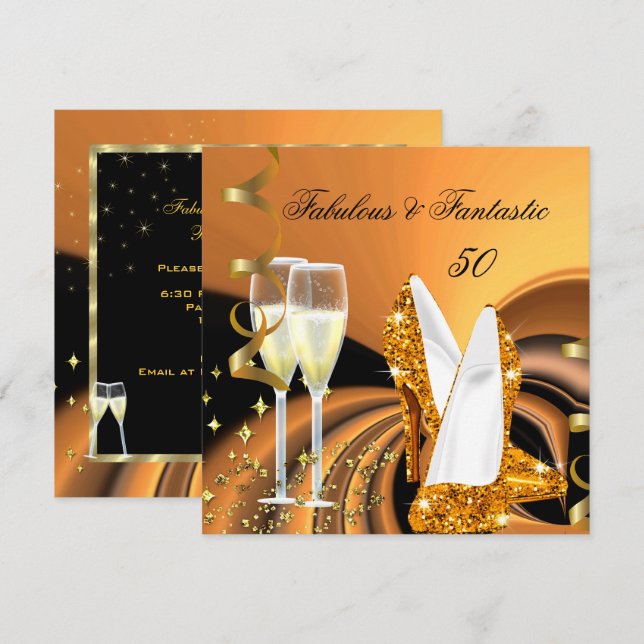 Fabulous 50 Fantastic Abstract Gold Birthday Party Invitation (Front/Back)