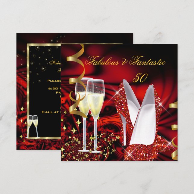 Fabulous 50 Fantastic Abstract Red Gold Birthday Invitation (Front/Back)