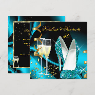 Fabulous 50 Fantastic Abstract Teal Blue Gold Invitation