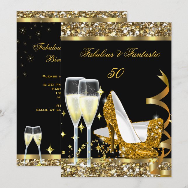 Fabulous 50 Fantastic Birthday Party Gold Black Invitation (Front/Back)