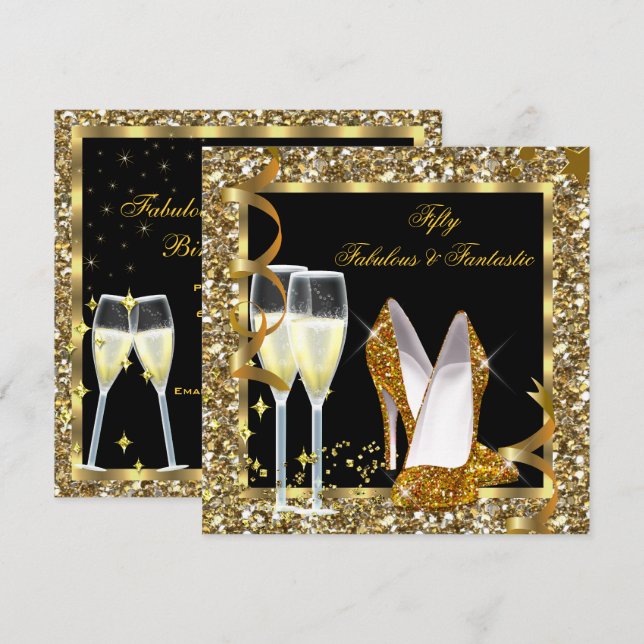 Fabulous 50 Fantastic Black Gold Birthday Party Invitation (Front/Back)