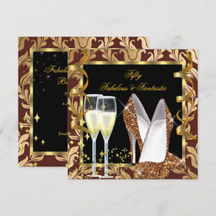 Fabulous 50 & Fantastic Brown Gold Damask Party Invitation