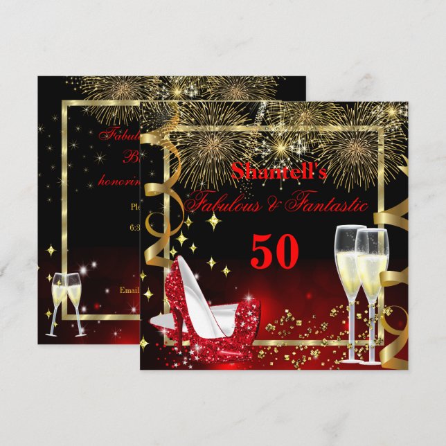 Fabulous 50 Fantastic Festive Red Gold Party Invitation (Front/Back)