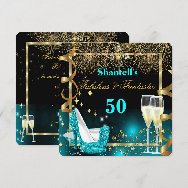 Fabulous 50 Fantastic Festive Teal Gold Party Invitation (Front/Back)