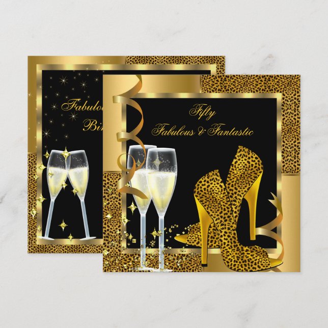 Fabulous 50 & Fantastic Leopard Black Gold Party Invitation (Front/Back)
