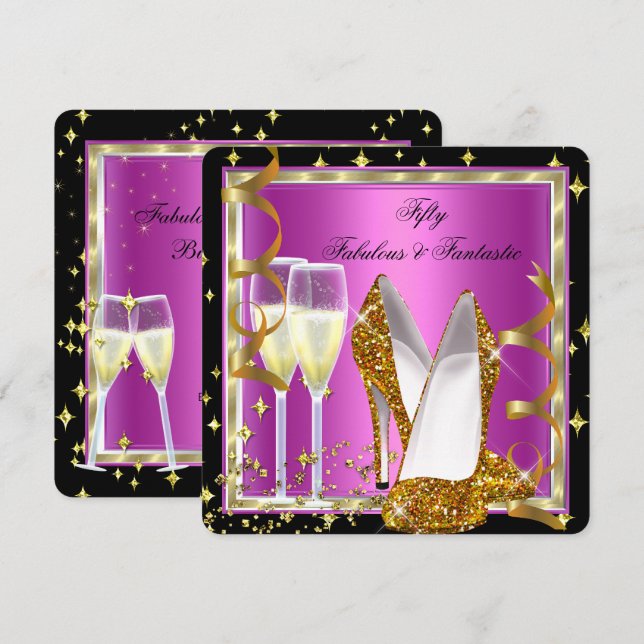 Fabulous 50 Fantastic Pink Black White Gold Party Invitation (Front/Back)