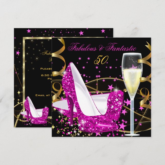 Fabulous 50 Fantastic Pink Hi Heels Gold Party Invitation (Front/Back)