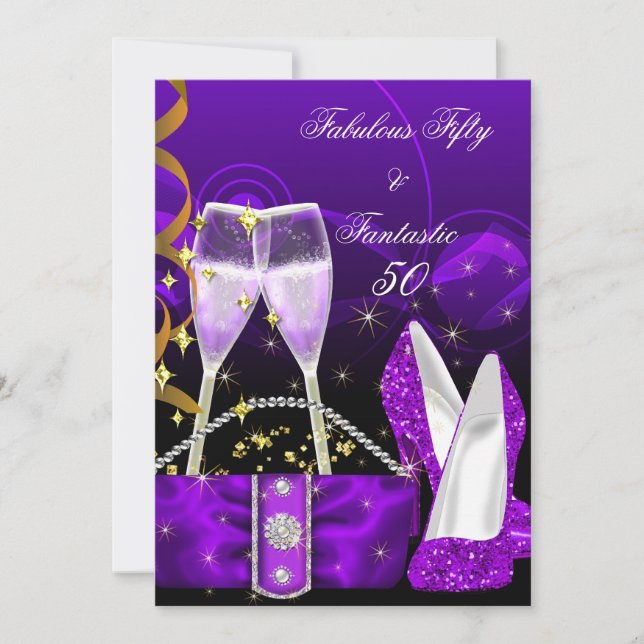 Fabulous 50 Fantastic Purple Glitter High Heels Invitation (Front)