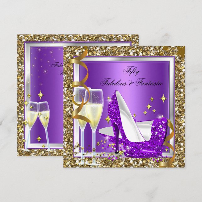 Fabulous 50 Fantastic Purple Gold Birthday Party Invitation (Front/Back)
