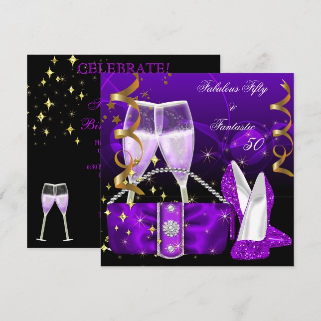 Fabulous 50 Fantastic Purple High Heels Glitter Invitation (Front/Back)