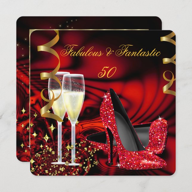 Fabulous 50 Fantastic Red Gold Abstract Birthday Invitation (Front/Back)