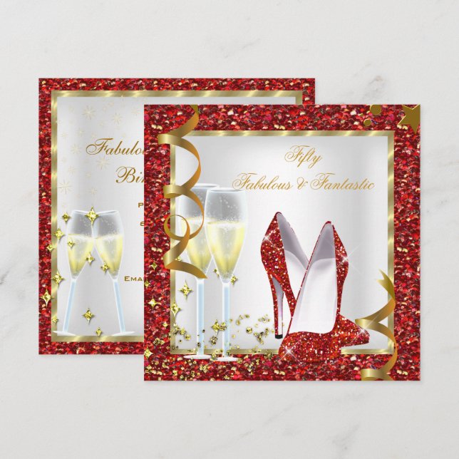 Fabulous 50 Fantastic Red White Gold Birthday Invitation (Front/Back)