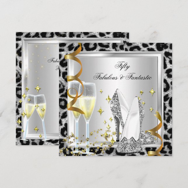Fabulous 50 & Fantastic Silver Leopard Birthday Invitation (Front/Back)