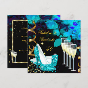 Fabulous 50 Fantastic Teal Gold Champagne Birthday Invitation