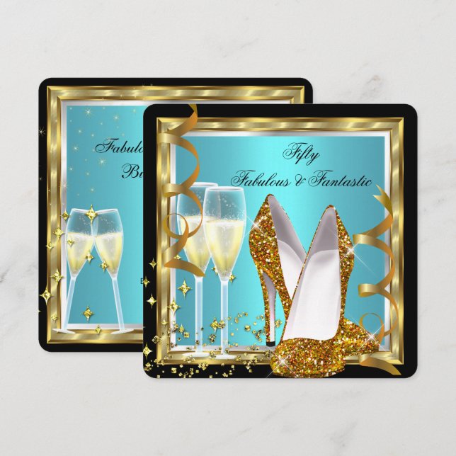 Fabulous 50 Fantastic Teal White Gold Birthday Invitation (Front/Back)