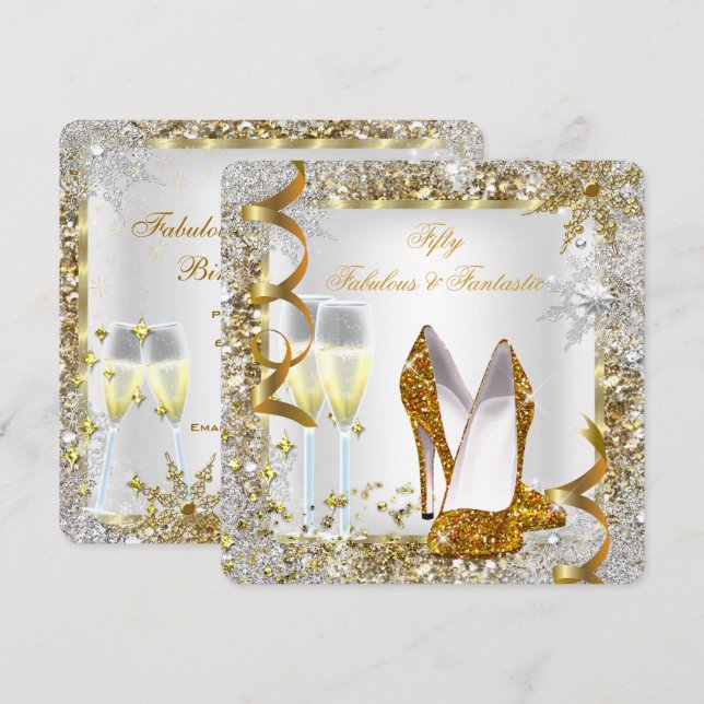 Fabulous 50 Fantastic White Gold Birthday Party Invitation (Front/Back)