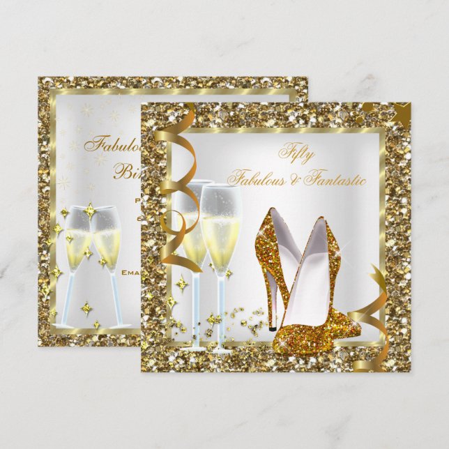 Fabulous 50 Fantastic White Gold Birthday Party Invitation (Front/Back)