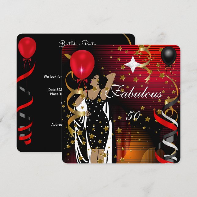 Fabulous 50 Fifty Birthday Party Black Red Stars 2 Invitation (Front/Back)