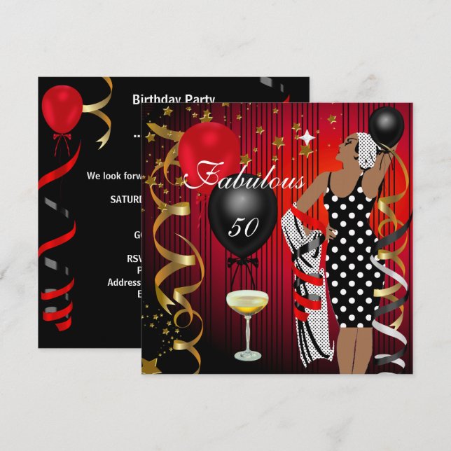 Fabulous 50 Fifty Diva Birthday Black Red Balloon Invitation (Front/Back)