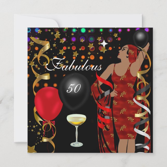 Fabulous 50 Fifty Diva Birthday Black Red Lights Invitation (Front)