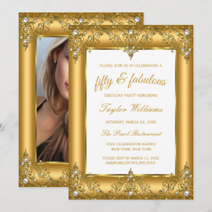 Fabulous 50 Glamour Pearl Gold Photo party Invitation