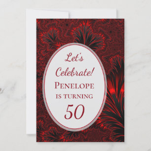 Fabulous 50 Glamourous Shiny Red Fractal Birthday Invitation