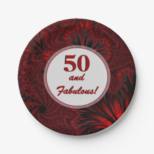 Fabulous 50 Glamourous Shiny Red Fractal Birthday Paper Plate
