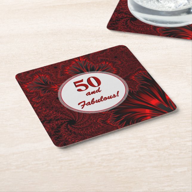 Fabulous 50 Glamourous Shiny Red Fractal Birthday  Square Paper Coaster (Angled)