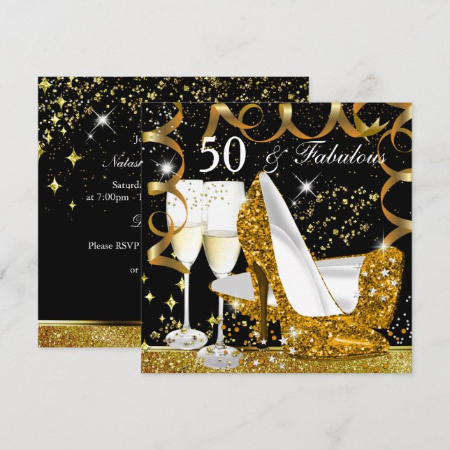 Fabulous 50 Glitter Gold Heel Glitz Glam Party Invitation (Front/Back)