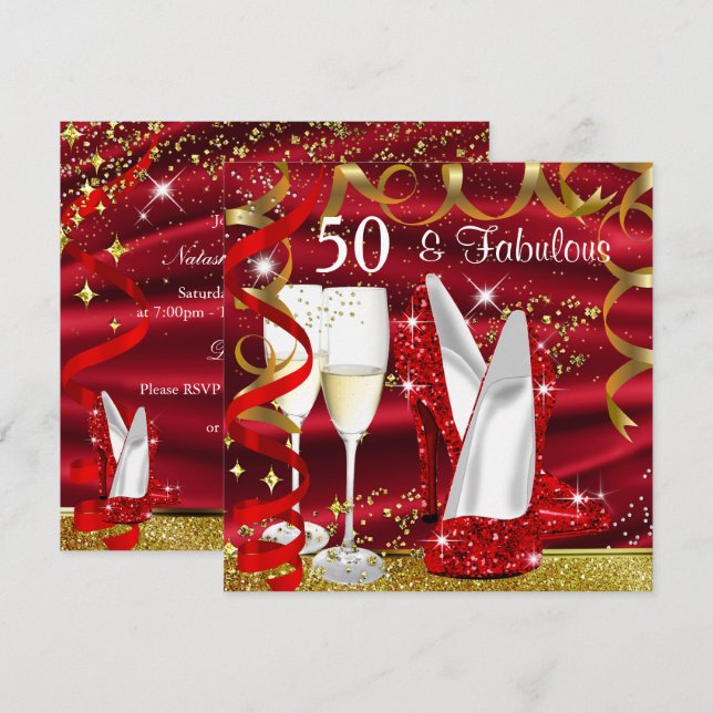 Fabulous 50 Glitter Gold Red High Heels Party Invitation (Front/Back)