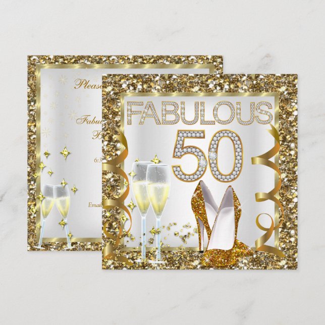 Fabulous 50 Glitter White Gold Birthday Party Invitation (Front/Back)