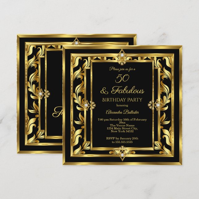 Fabulous 50 Gold Black Damask Birthday Party Invitation (Front/Back)