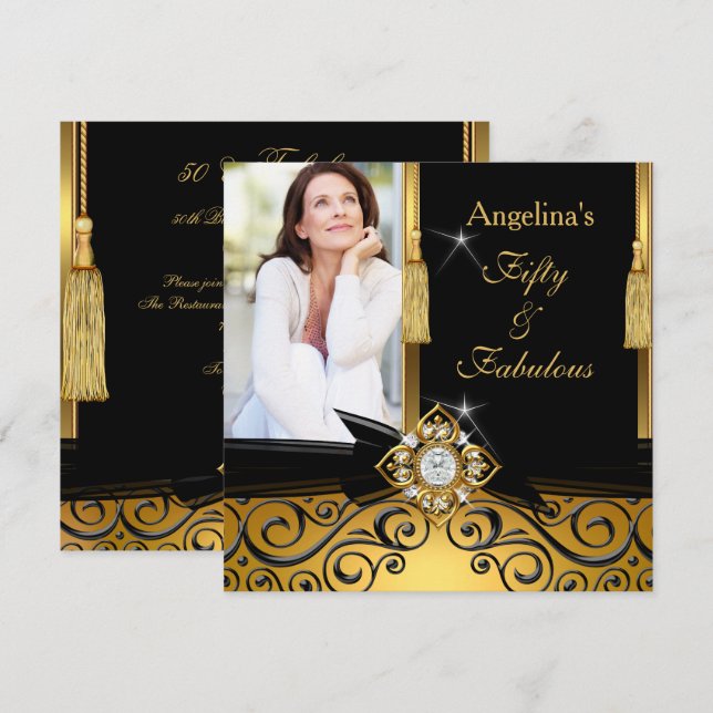 Fabulous 50 Gold Black Damask Photo Birthday Party Invitation (Front/Back)
