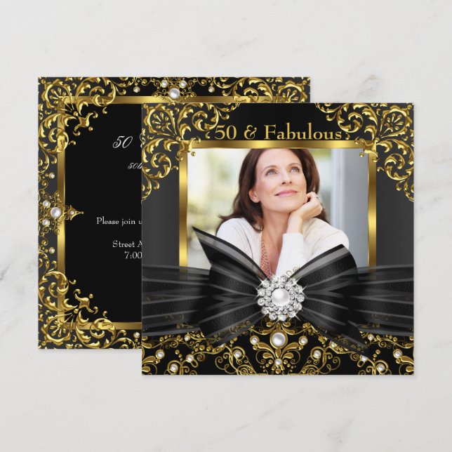 Fabulous 50 Gold Black Pearl Bow & Damask Birthday Invitation (Front/Back)