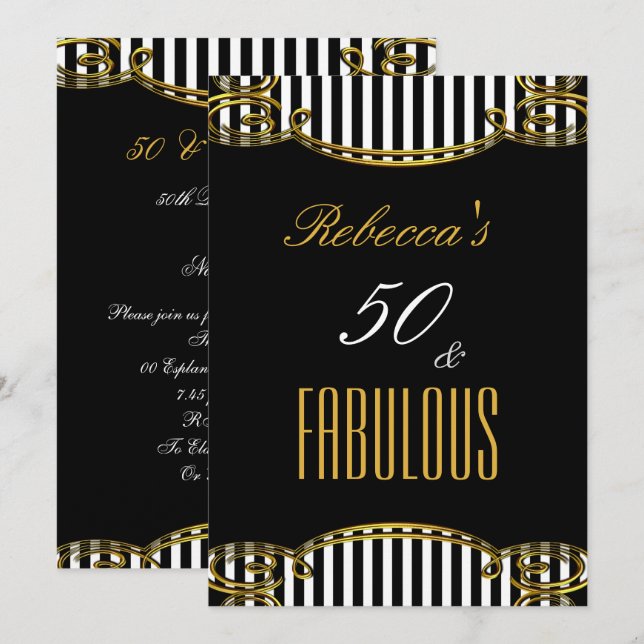 Fabulous 50 Gold Black White Stripe Birthday Party Invitation (Front/Back)