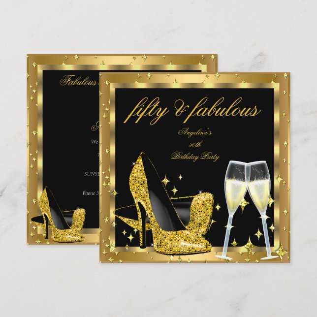 Fabulous 50 Gold Champagne High Heels Birthday 2 Invitation (Front/Back)
