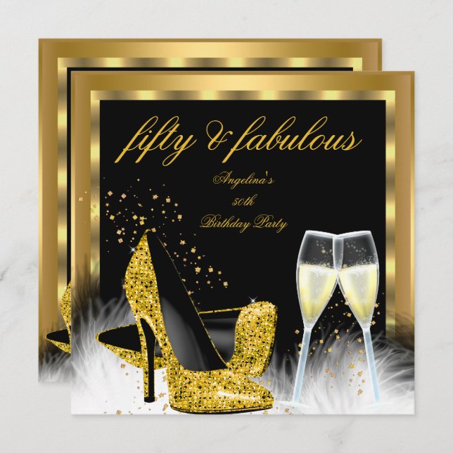 Fabulous 50 Gold Champagne High Heels Birthday Invitation (Front/Back)
